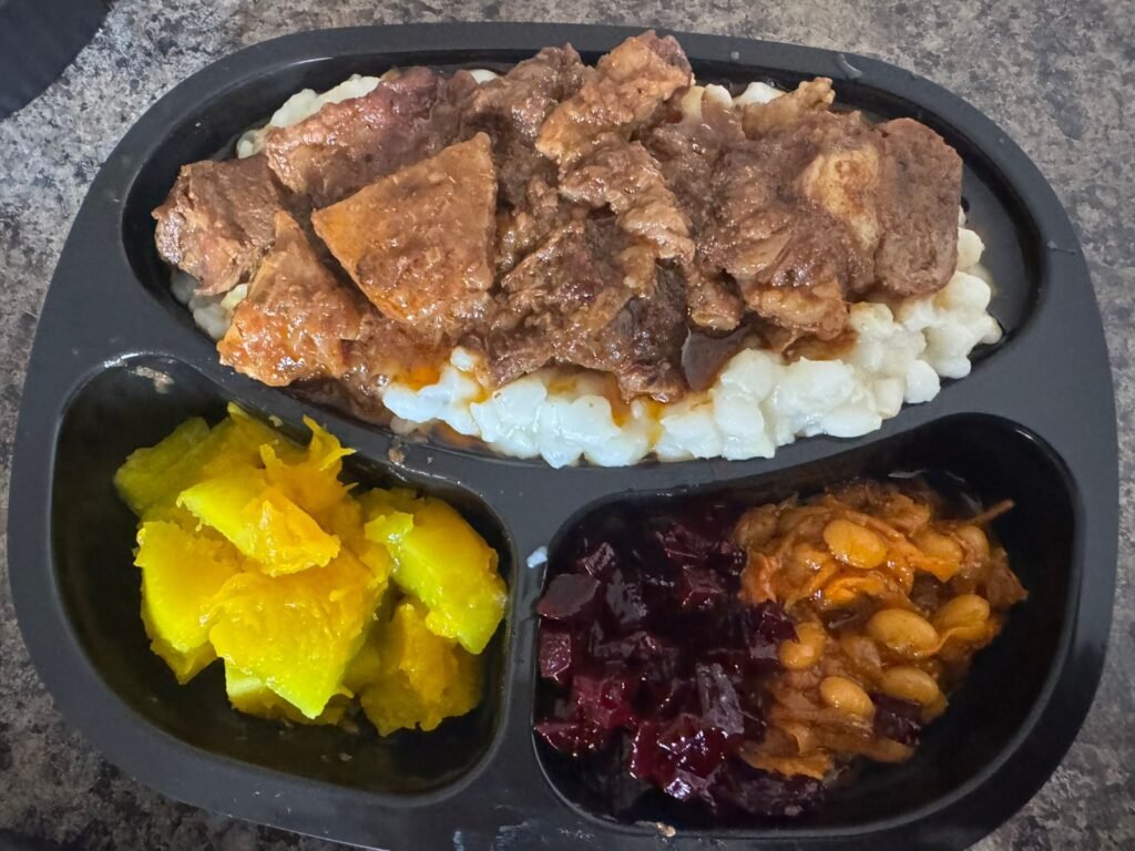 Beef stew, Samp, butternut with beetroot and Chakalaka